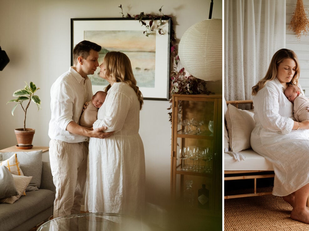 Madlen Photography:n vauvakuvaus Jyväskylässä: kaksi kevyesti pukeutunutta aikuista pitelee vauvaansa pehmeästi valaistussa olohuoneessa, ja kuvassa ikuistetaan hellä perhehetki. Toisessa kuvassa valkoisiin pukeutunut äiti kehtoo hellästi vauvaansa sohvalla istuessaan, mikä tuo esiin intiimin vastasyntyneen valokuvauksen Jyväskylässä.